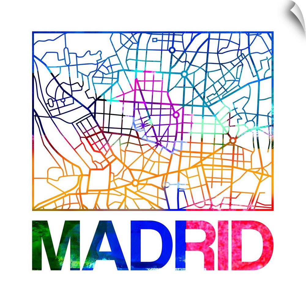 Colorful map of the streets of Madrid, Spain.