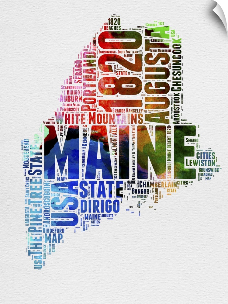 Watercolor typography art map of the US state Maine.
