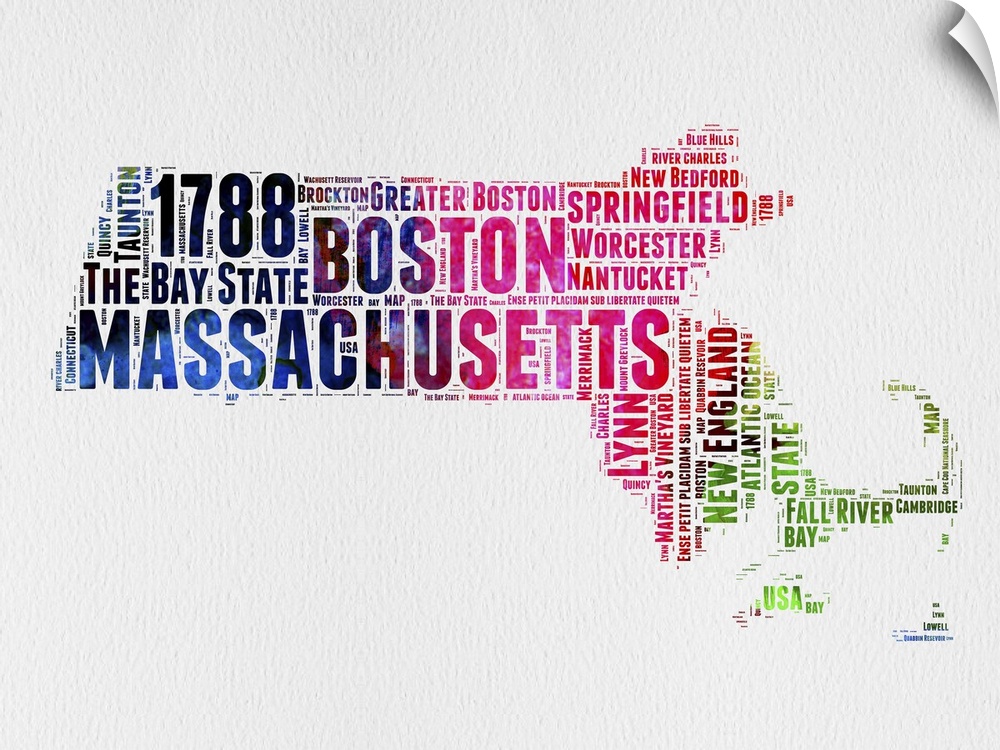 Watercolor typography art map of the US state Massachusetts.