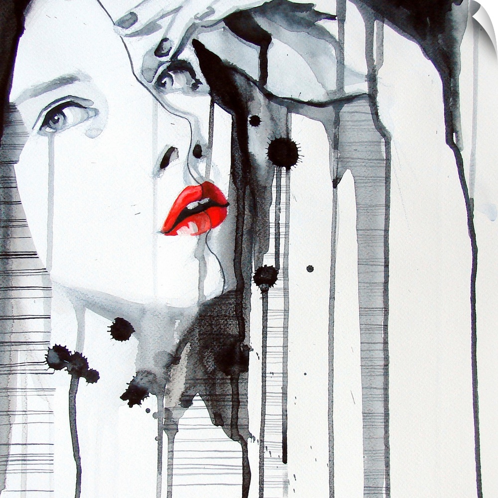 Contemporary watercolor portrait of a woman red lips and her hand resting against her forehead.