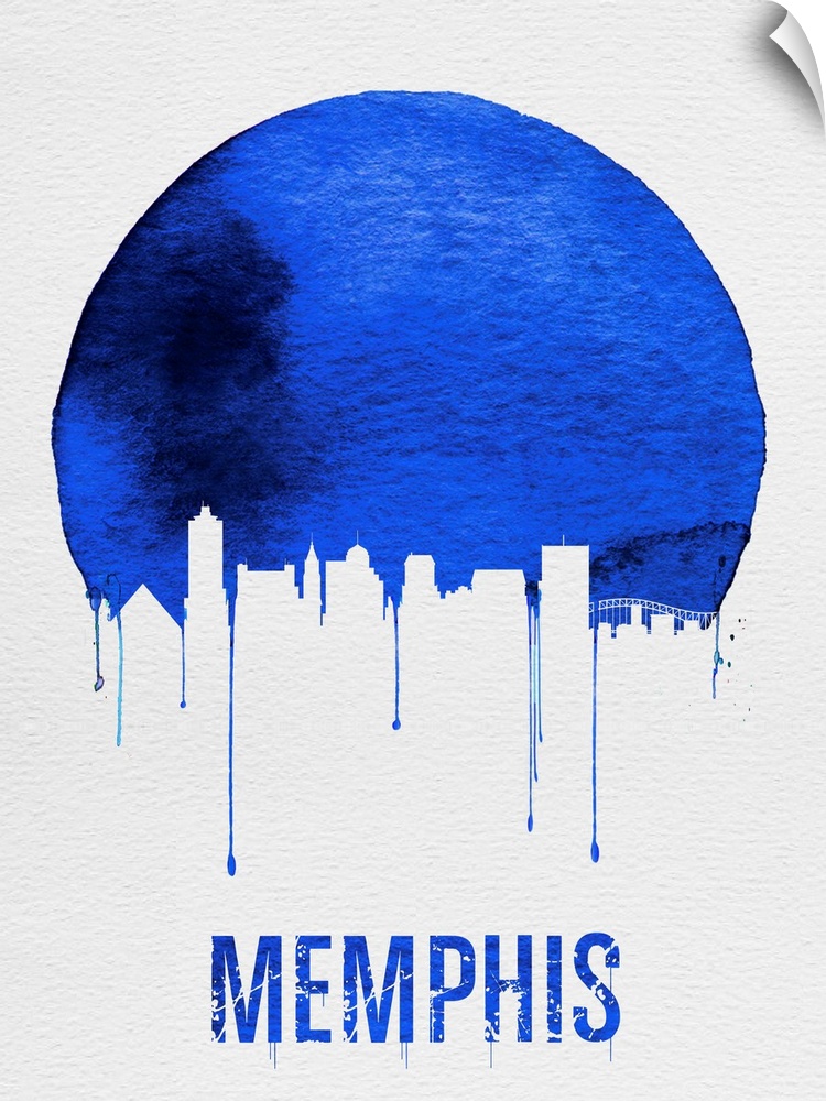 Contemporary watercolor artwork of the Memphis city skyline, in silhouette.