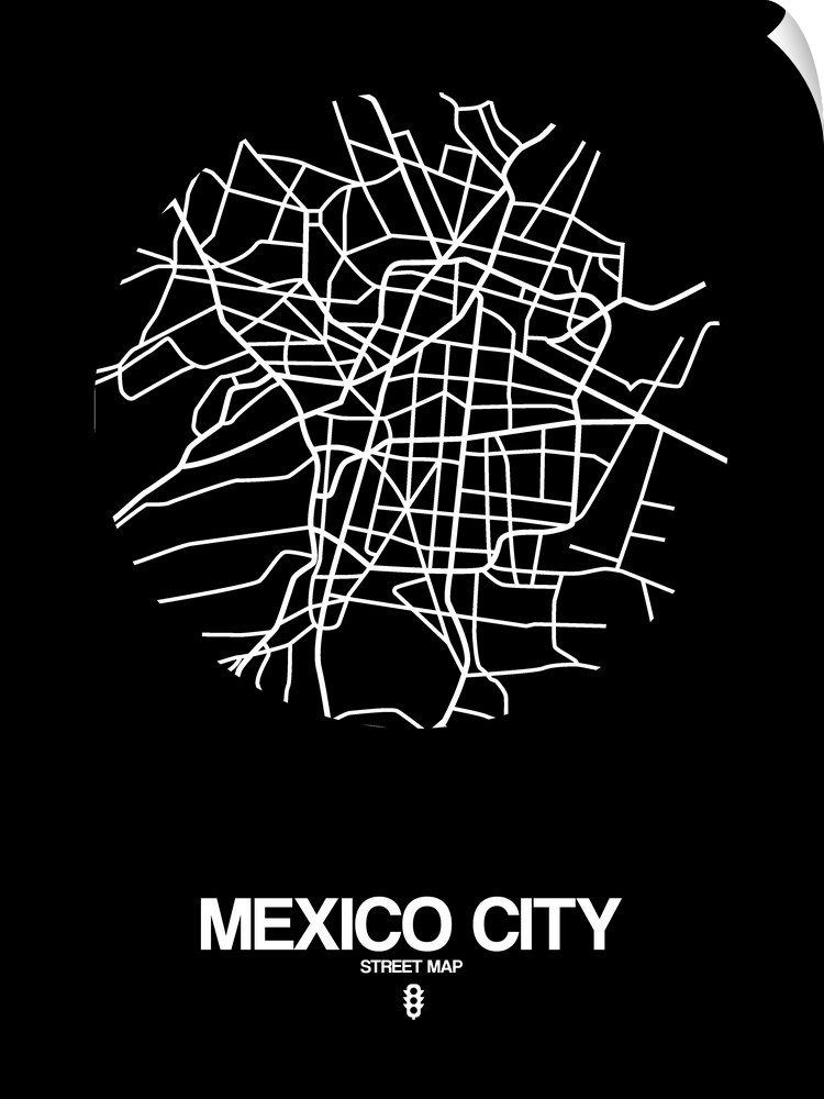 Minimalist art map of the city streets of Mexico city in black and white.