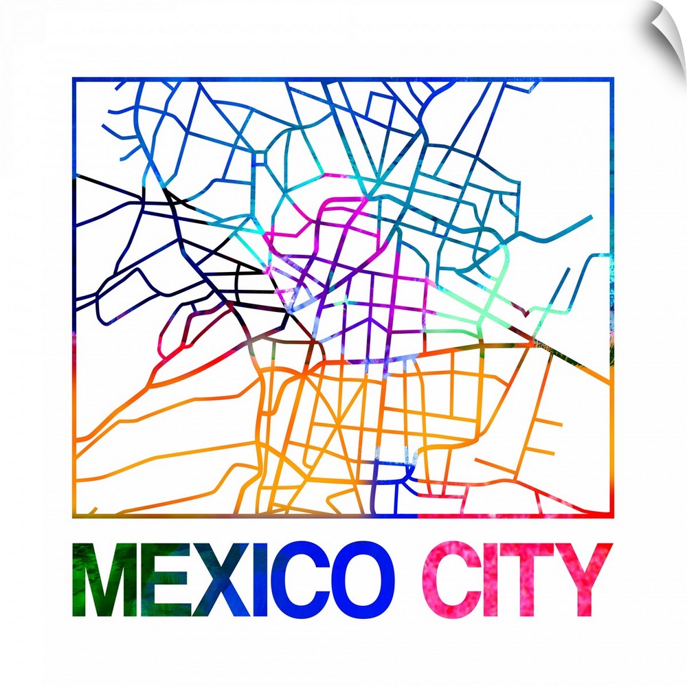 Colorful map of the streets of Mexico City, Mexico.