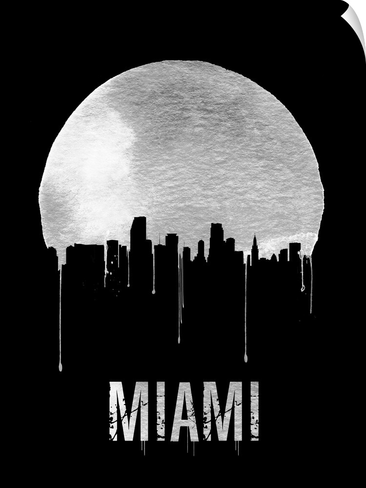 Contemporary watercolor artwork of the Miami city skyline, in silhouette.