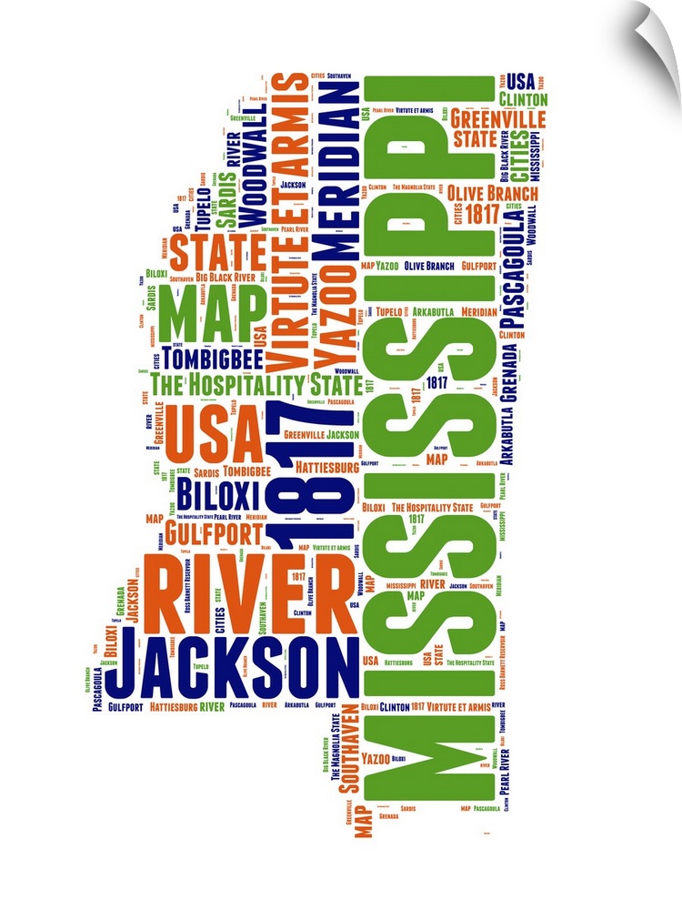 Typography art map of the US state Mississippi.