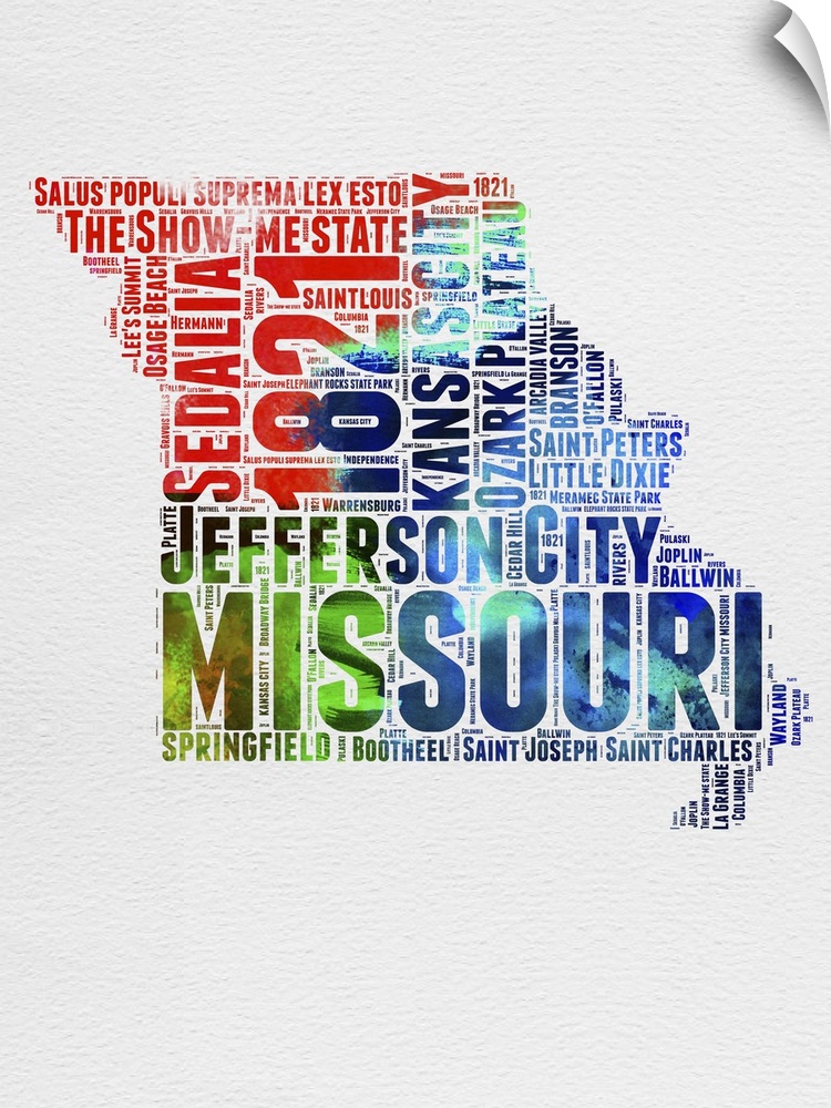 Watercolor typography art map of the US state Missouri.