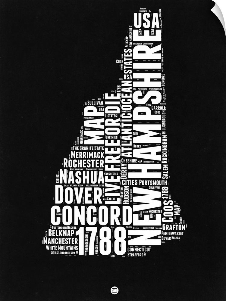 Typography art map of the US state New Hampshire.