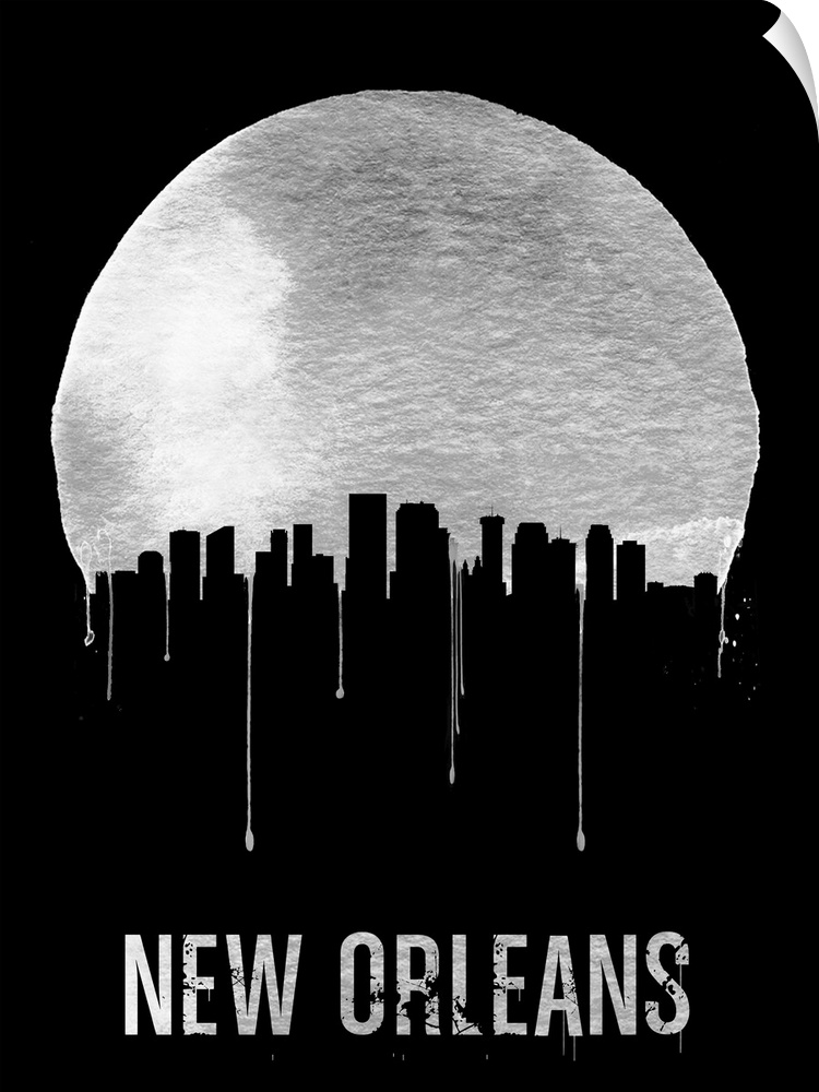 Contemporary watercolor artwork of the New Orleans city skyline, in silhouette.