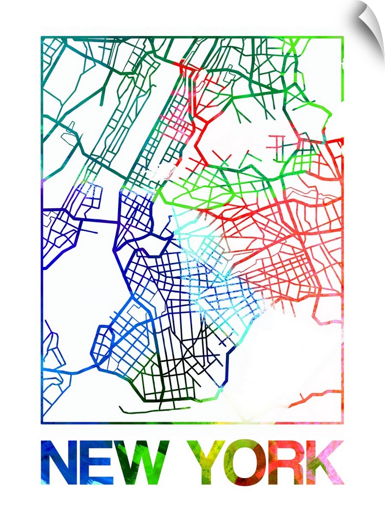 Colorful map of the streets of New York City, New York.
