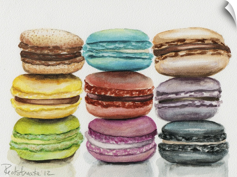 Contemporary painting of three stacks of colorful macaroons.