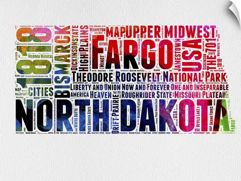 Watercolor typography art map of the US state North Dakota.