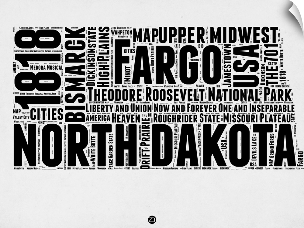 Black and white art map of the US state  North Dakota.
