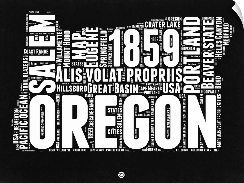 Typography art map of the US state Oregon.