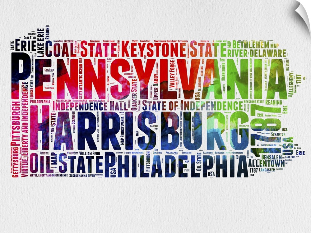 Watercolor typography art map of the US state Pennsylvania.