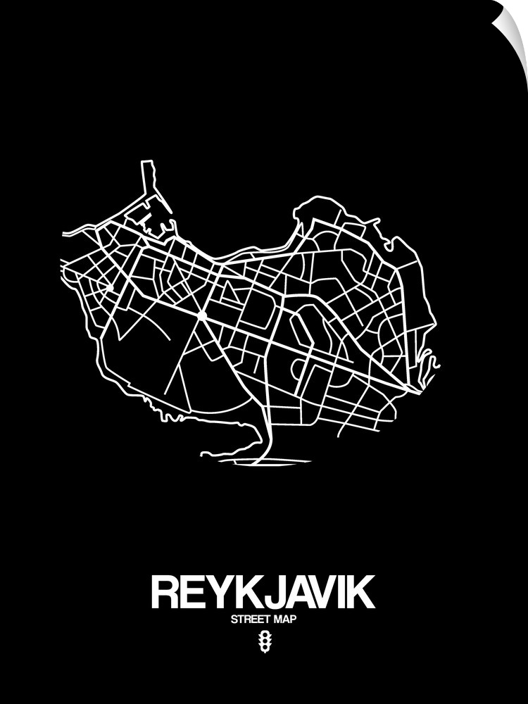 Minimalist art map of the city streets of Reykjavik in black and white.