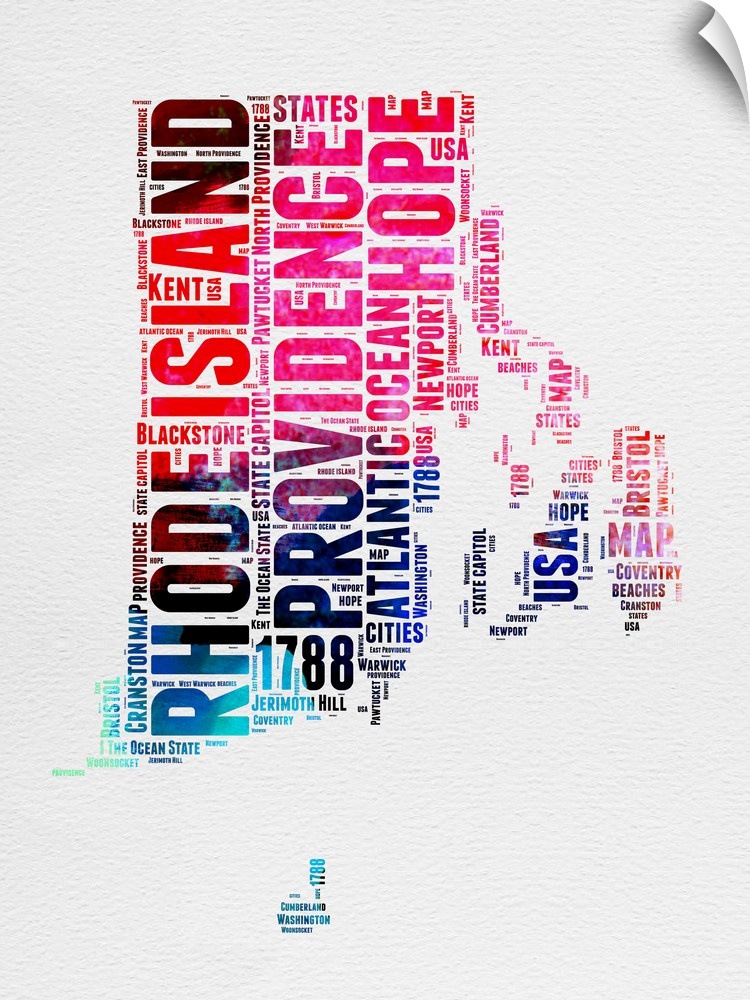 Watercolor typography art map of the US state Rhode Island.