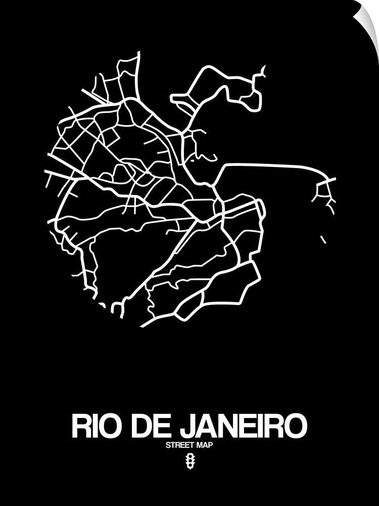 Minimalist art map of the city streets of Rio De Janeiro in black and white.