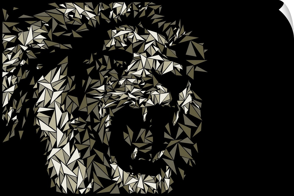 A lion with bared teeth made up of triangular geometric shapes.