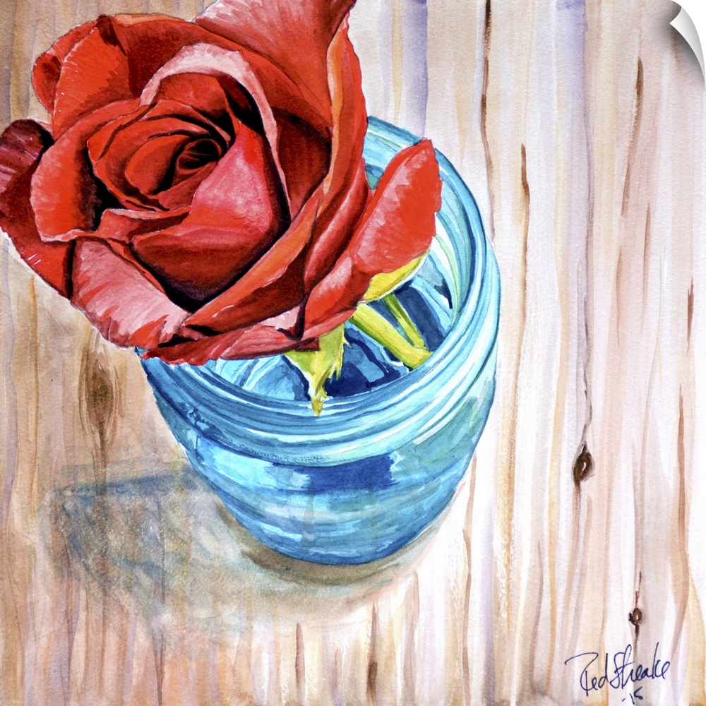 Contemporary painting of a rose sitting in a glass jar.