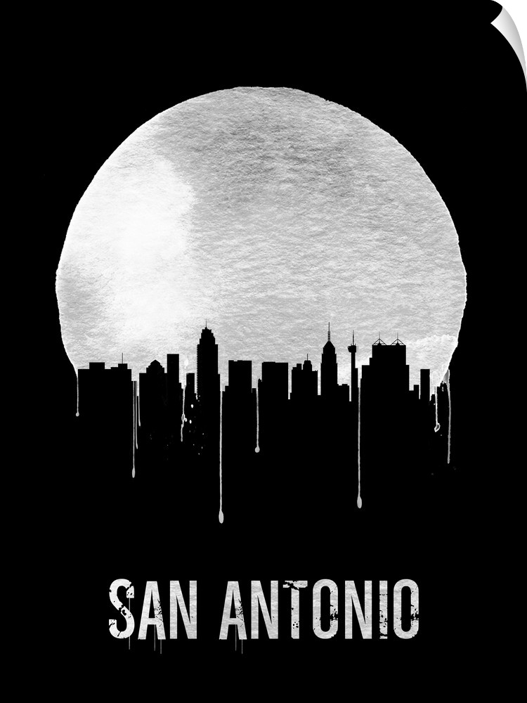 Contemporary watercolor artwork of the San Antonio city skyline, in silhouette.