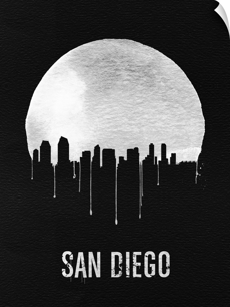 Contemporary watercolor artwork of the San Diego city skyline, in silhouette.