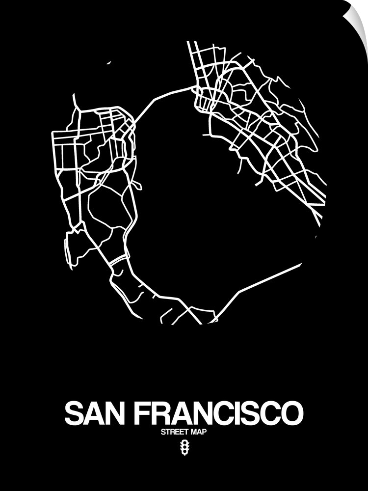 Minimalist art map of the city streets of San Francisco in black and white.