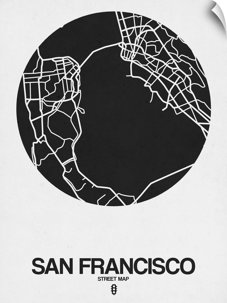 Minimalist art map of the city streets of San Francisco in white and black.