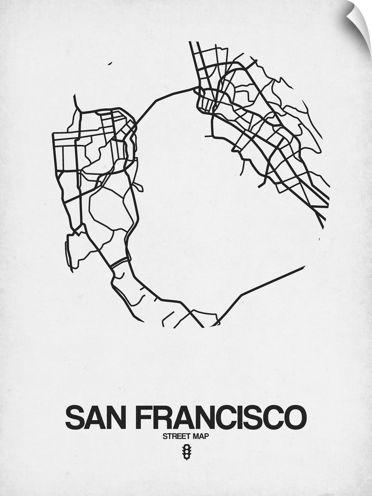 Minimalist art map of the city streets of San Francisco in white and black.