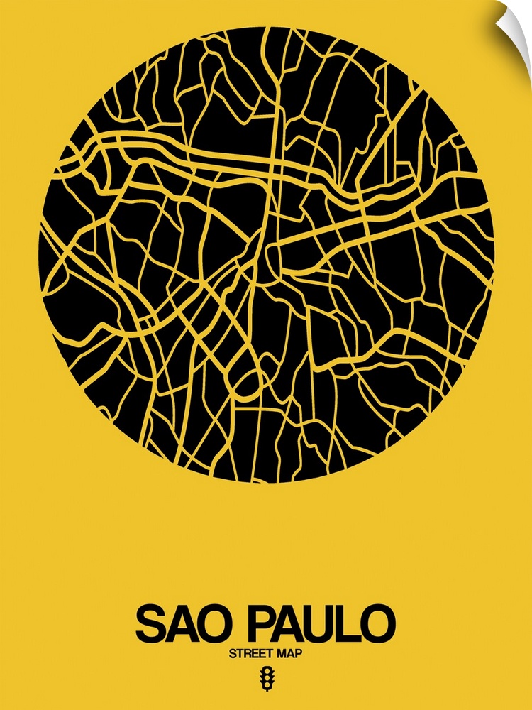 Minimalist art map of the city streets of Sao Paulo in yellow and black.