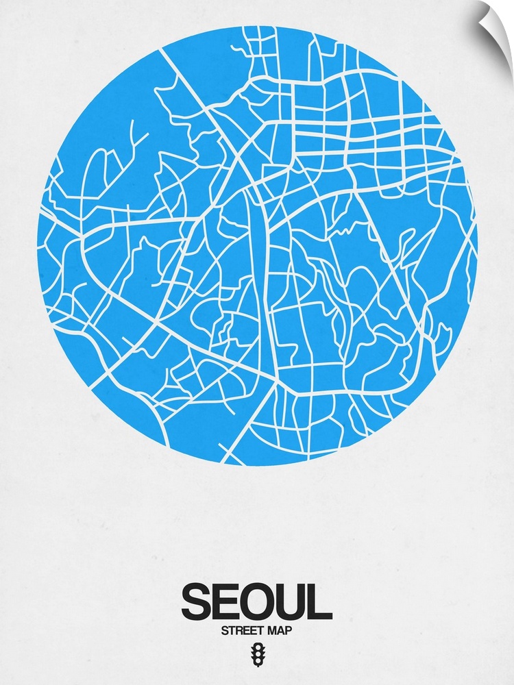 Minimalist art map of the city streets of Seoul in white and blue.