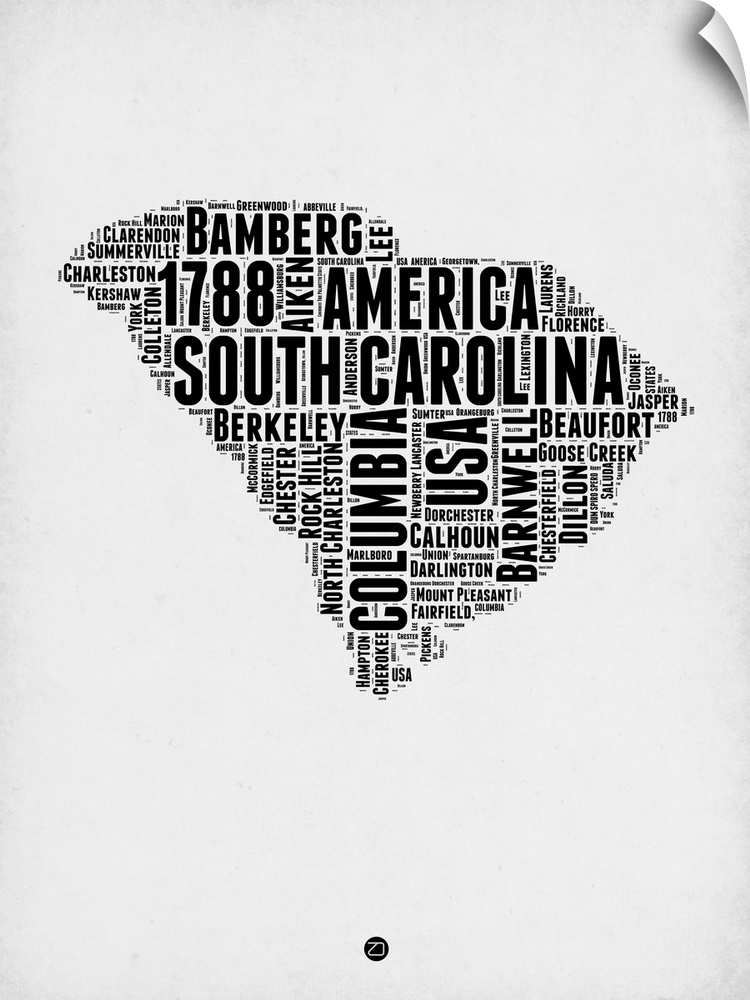 Black and white art map of the US state South Carolina.