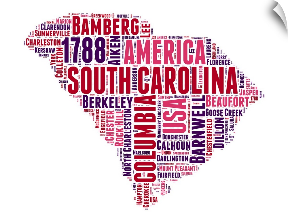 Typography art map of the US state South Carolina.