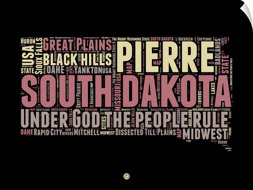 Typography art map of the US state South Dakota.