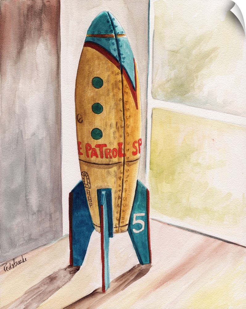 A contemporary still-life painting of a standing space ship.
