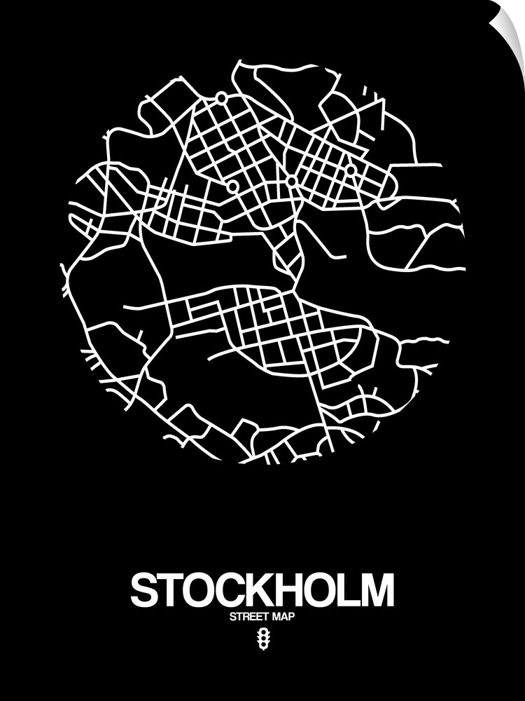 Minimalist art map of the city streets of Stockholm in black and white.