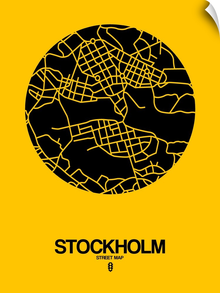 Minimalist art map of the city streets of Stockholm in yellow and black.