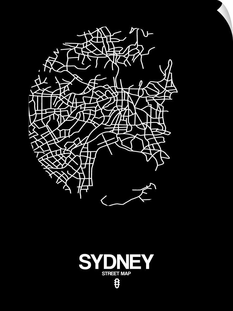Minimalist art map of the city streets of Sydney in black and white.