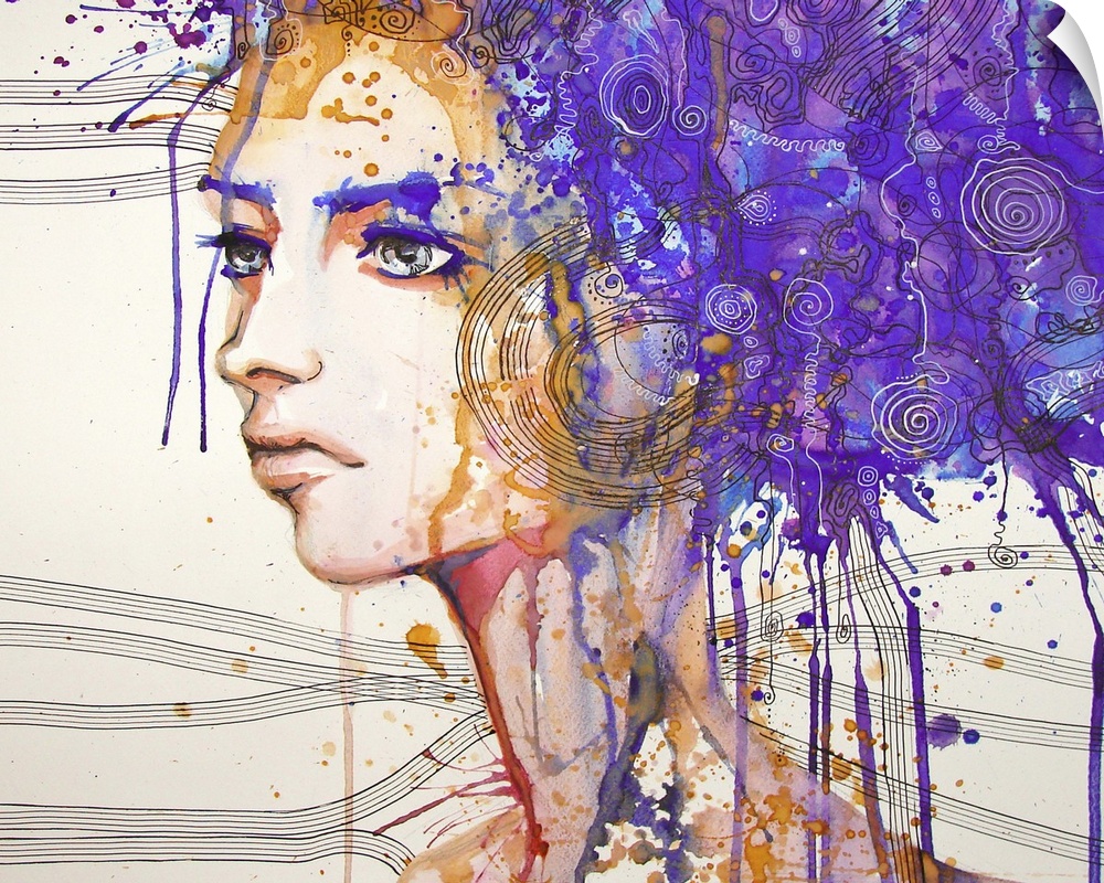Contemporary watercolor portrait of a woman with elaborate paint Splattered purple hair.