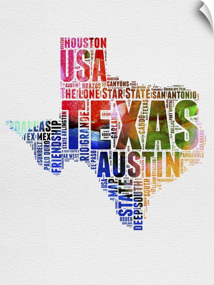 Watercolor typography art map of the US state Texas.