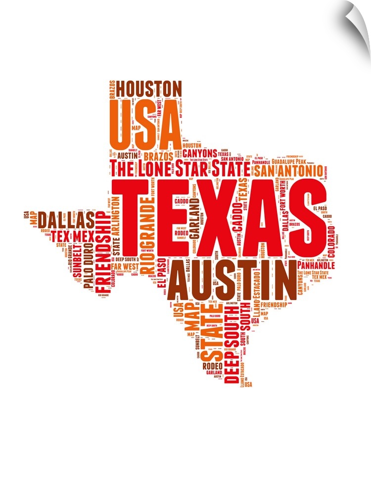 Typography art map of the US state Texas.