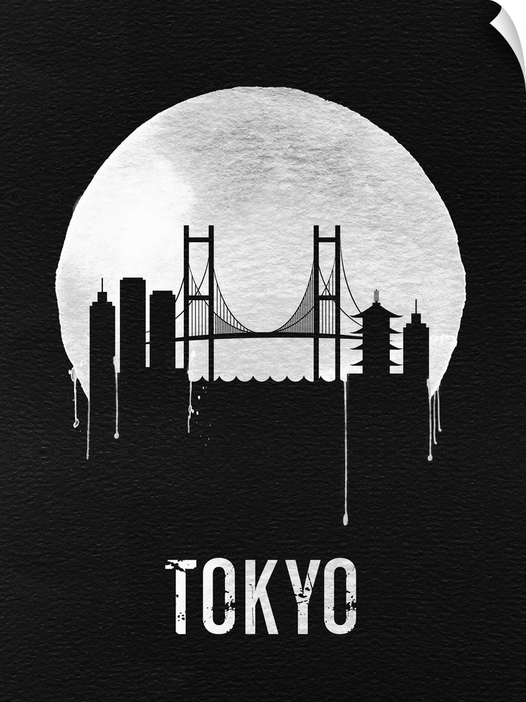 Contemporary watercolor artwork of a famous suspension bridge of Tokyo, in silhouette.
