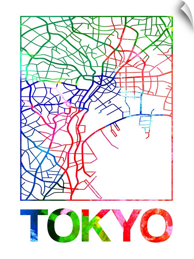 Colorful map of the streets of Tokyo, Japan.