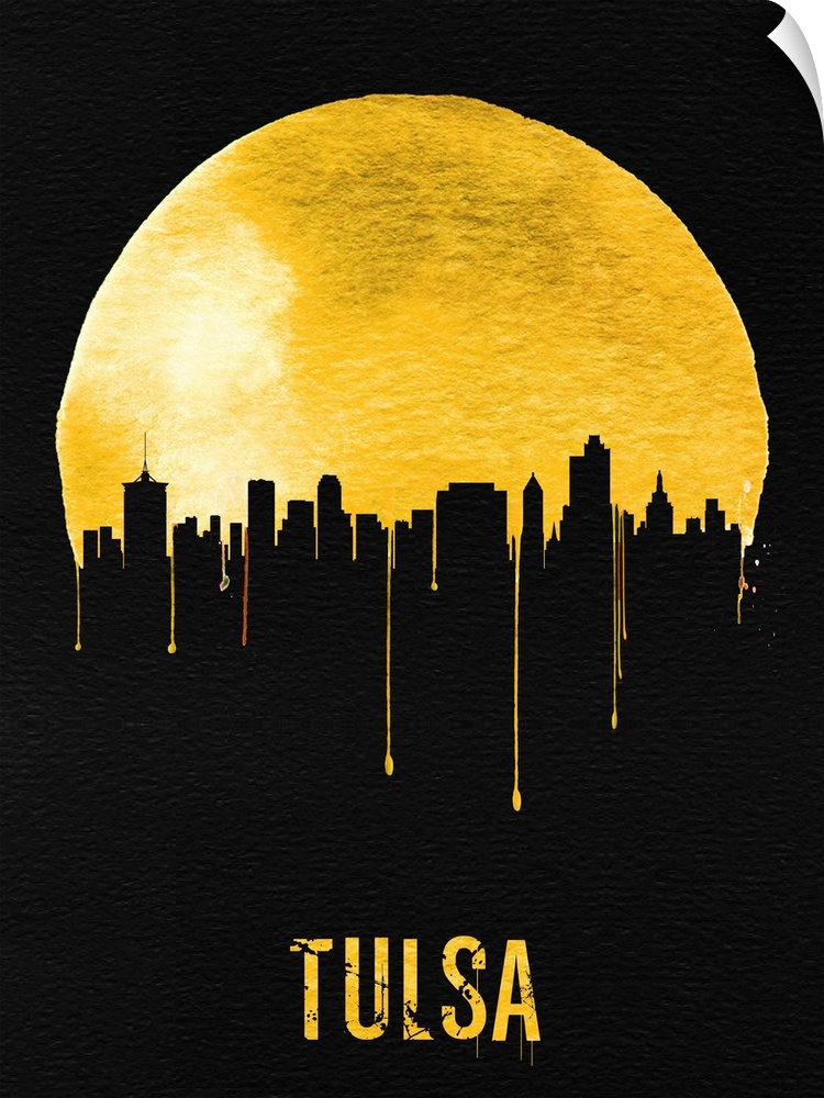Contemporary watercolor artwork of the Tulsa city skyline, in silhouette.