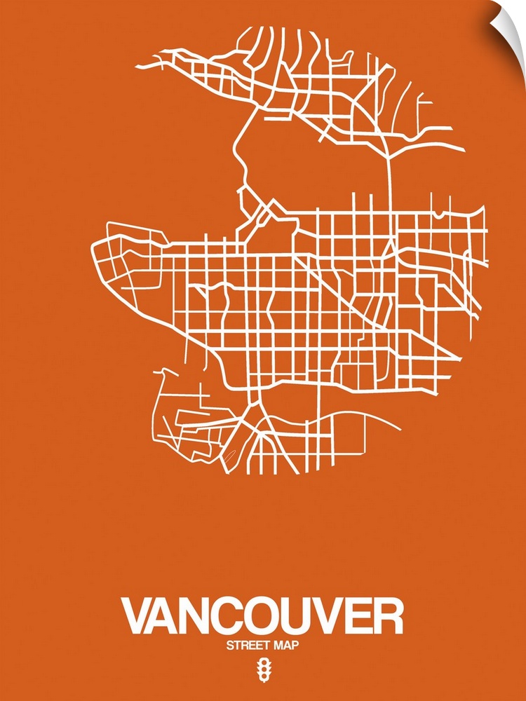 Minimalist art map of the city streets of Vancouver in orange and white.