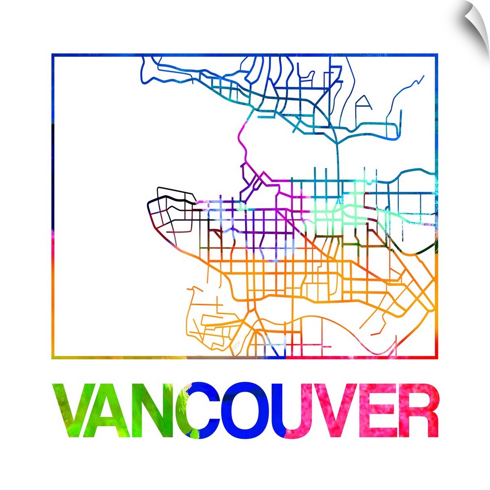 Colorful map of the streets of Vancouver, Canada.