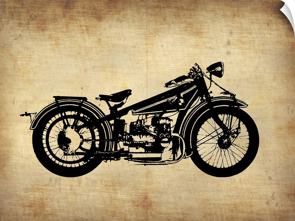 Large, horizontal art of the silhouette of an illustrated vintage motorcycle, on a background resembling old parchment paper.