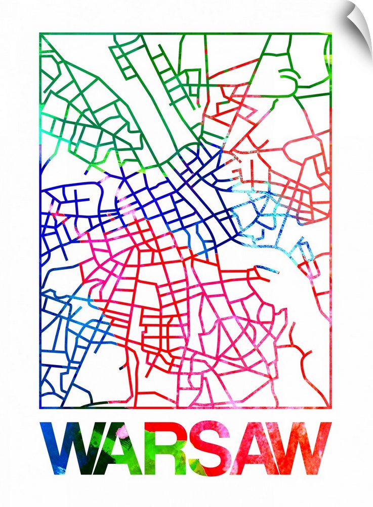 Colorful map of the streets of Warsaw, Poland.