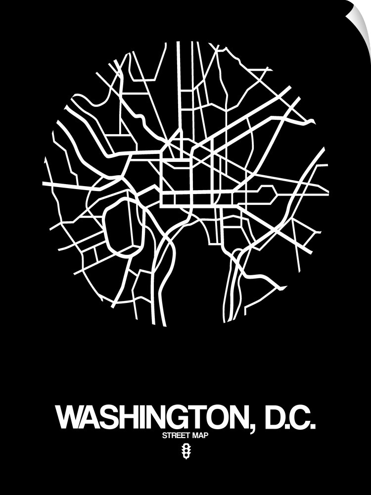 Minimalist art map of the city streets of Washington DC in black and white.