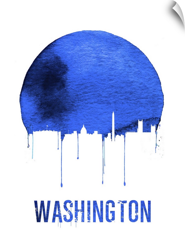 Contemporary watercolor artwork of the Washington DC city skyline, in silhouette.