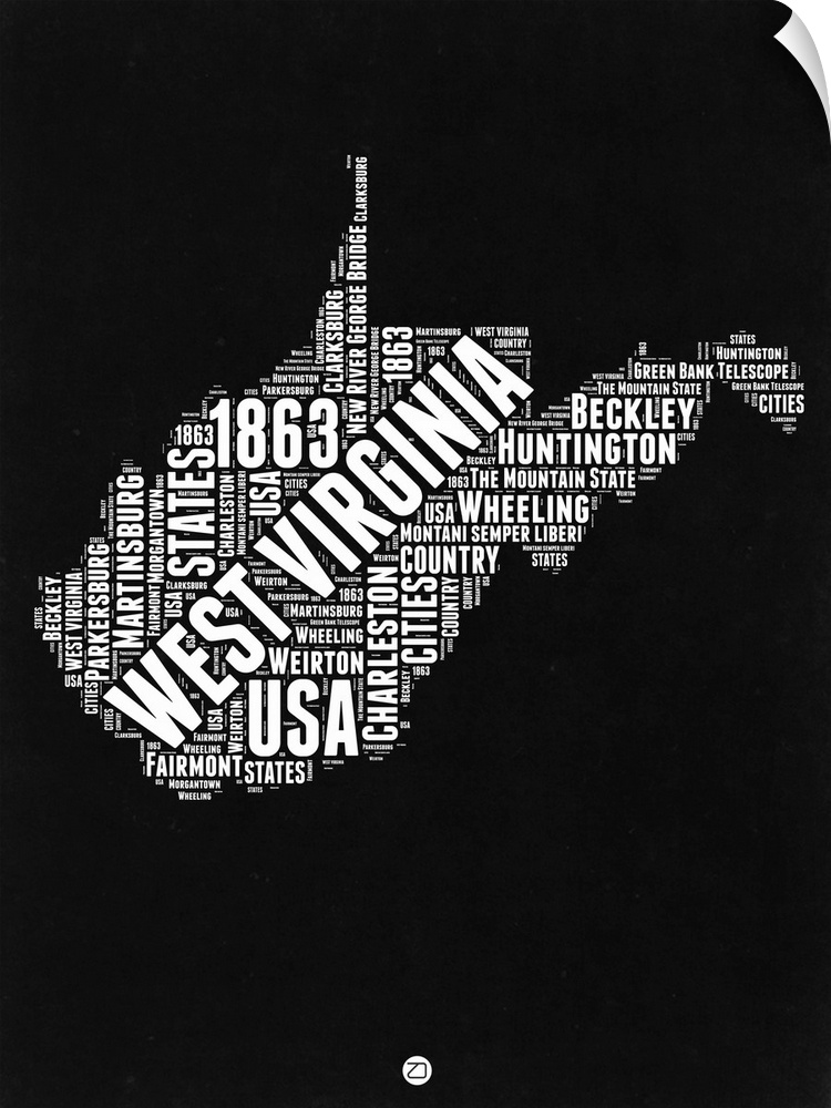 Typography art map of the US state West Virginia.